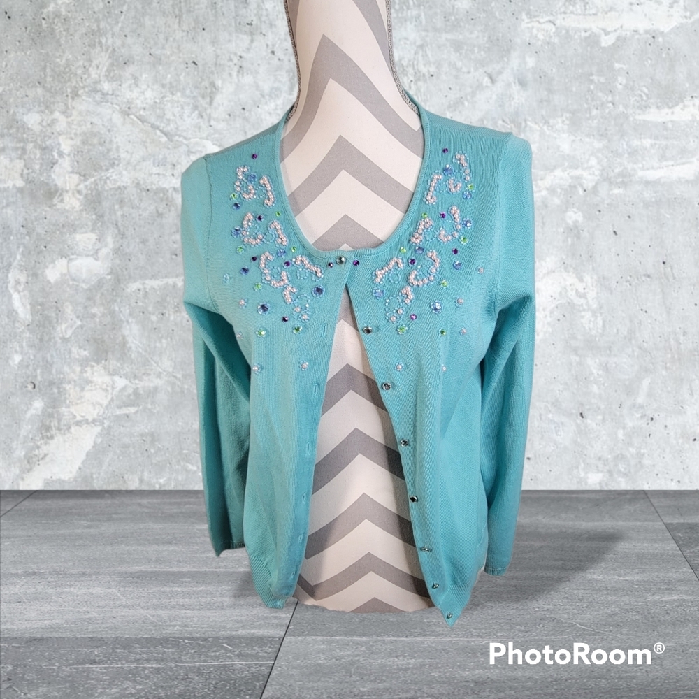 Villager by Liz Claiborne Teal Cotton Blend Beaded Short Cardigan Size M Y2K/90s